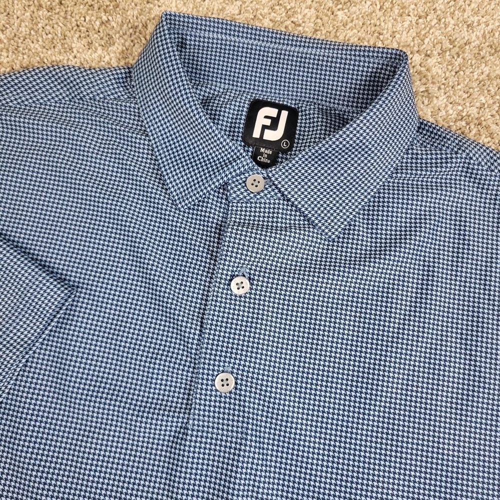 FootJoy Mens Large Blue Houndstooth Performance Stretch Golf Polo Short Sleeve